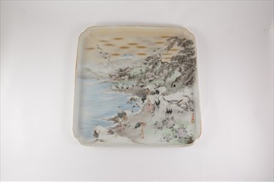 Lot 6 - A large Japanese porcelain tray with Cranes before mount Fuji, and three other porcelain items.