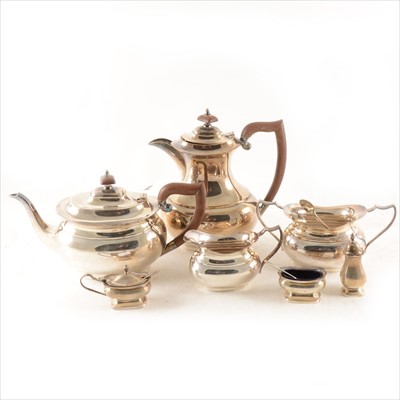 Lot 265 - A silver three-piece condiment set, plus a four-piece plated teaset.