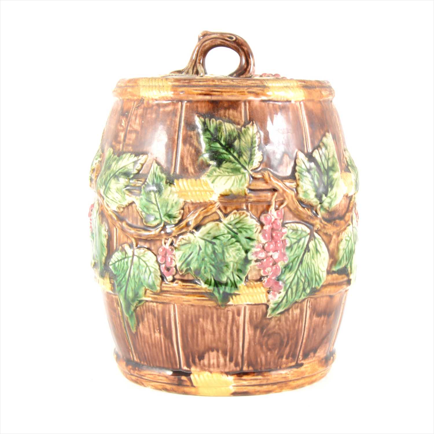 Lot 10 - A 19th Century Majolica barrel and cover, possibly George Jones