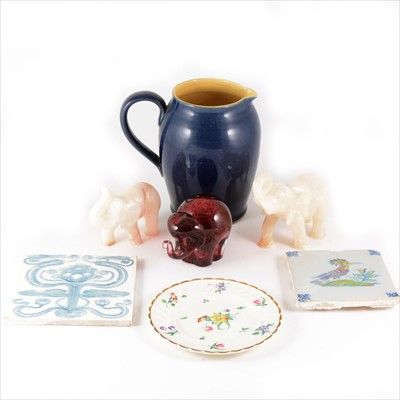 Lot 78 - Six Newport Pottery tea plates, Denby jug, Wedgwood paperweight, tiles and two elephant figures.