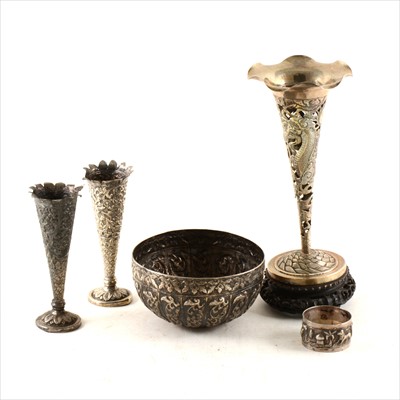 Lot 276 - A Chinese silver trumpet-shape vase, plus an Indian white metal basin and pair of conical vases.