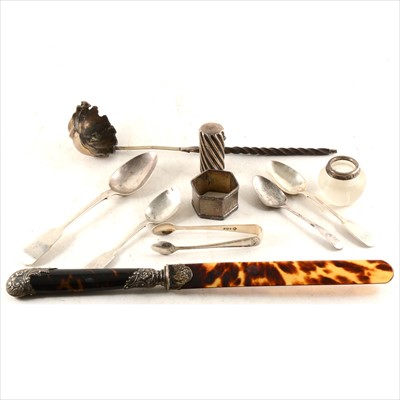 Lot 273 - A Victorian silver-mounted tortoiseshell paper knife, perfume bottle, spoons and other small items.