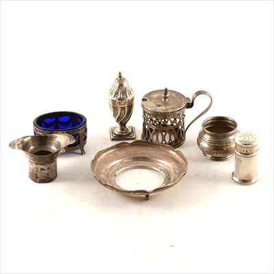 Lot 272 - A Victorian silver mustard pot, Thomas Hayes, Birmingham 1892, and other small silver items.