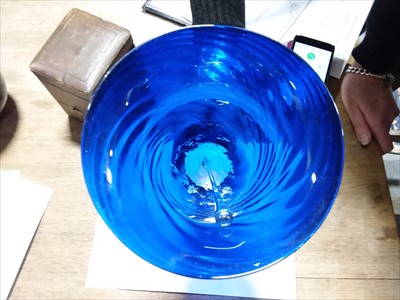 Lot 46 - A blue glass hand-bell, lightly wrythen moulded bowl, and other glassware