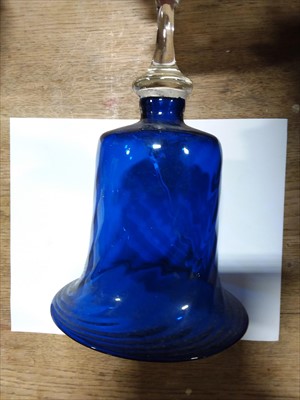 Lot 46 - A blue glass hand-bell, lightly wrythen moulded bowl, and other glassware