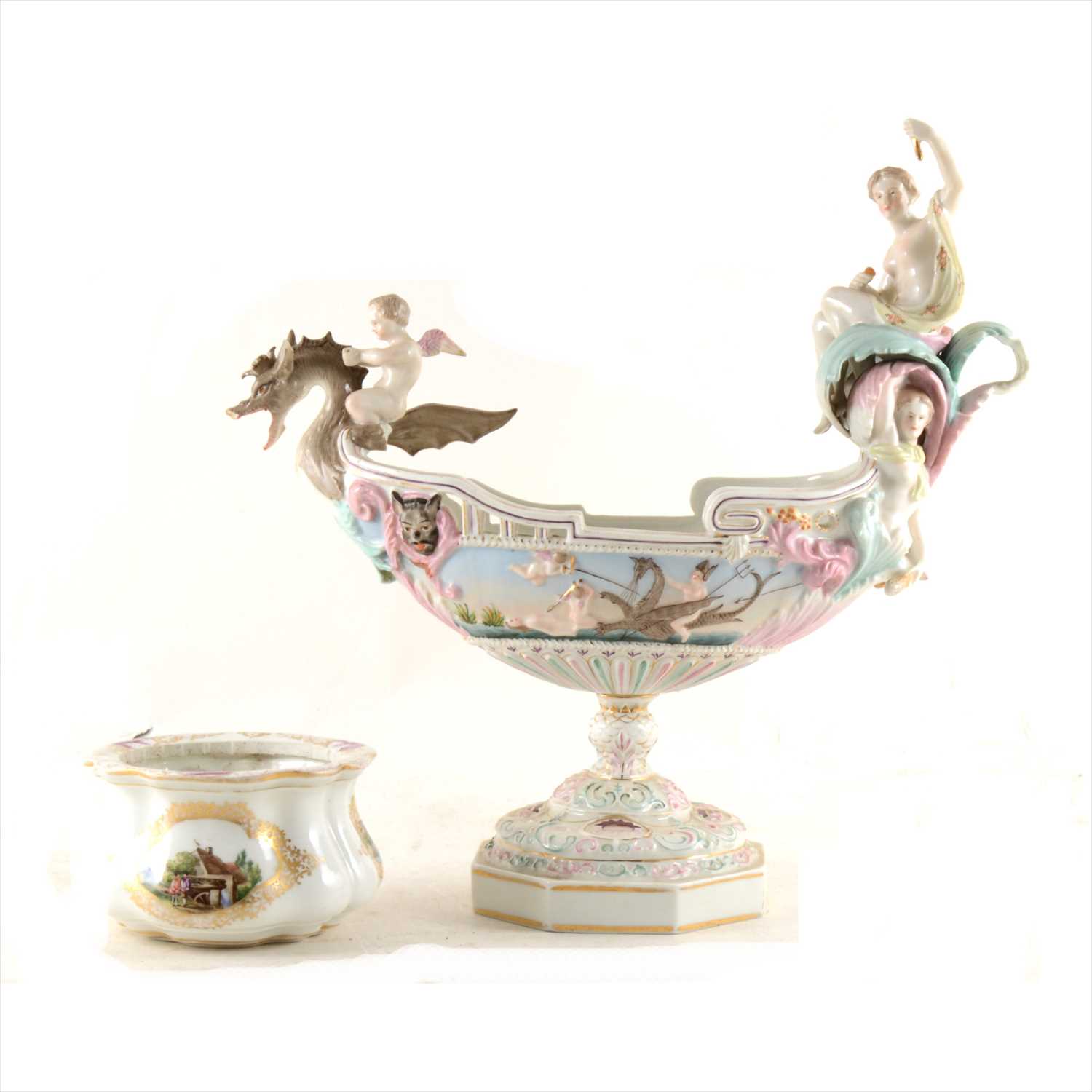 Lot 14 - A Meissen bowl, reserves painted in the manner of Heroldt; and a Capodimonte style boat shape comport