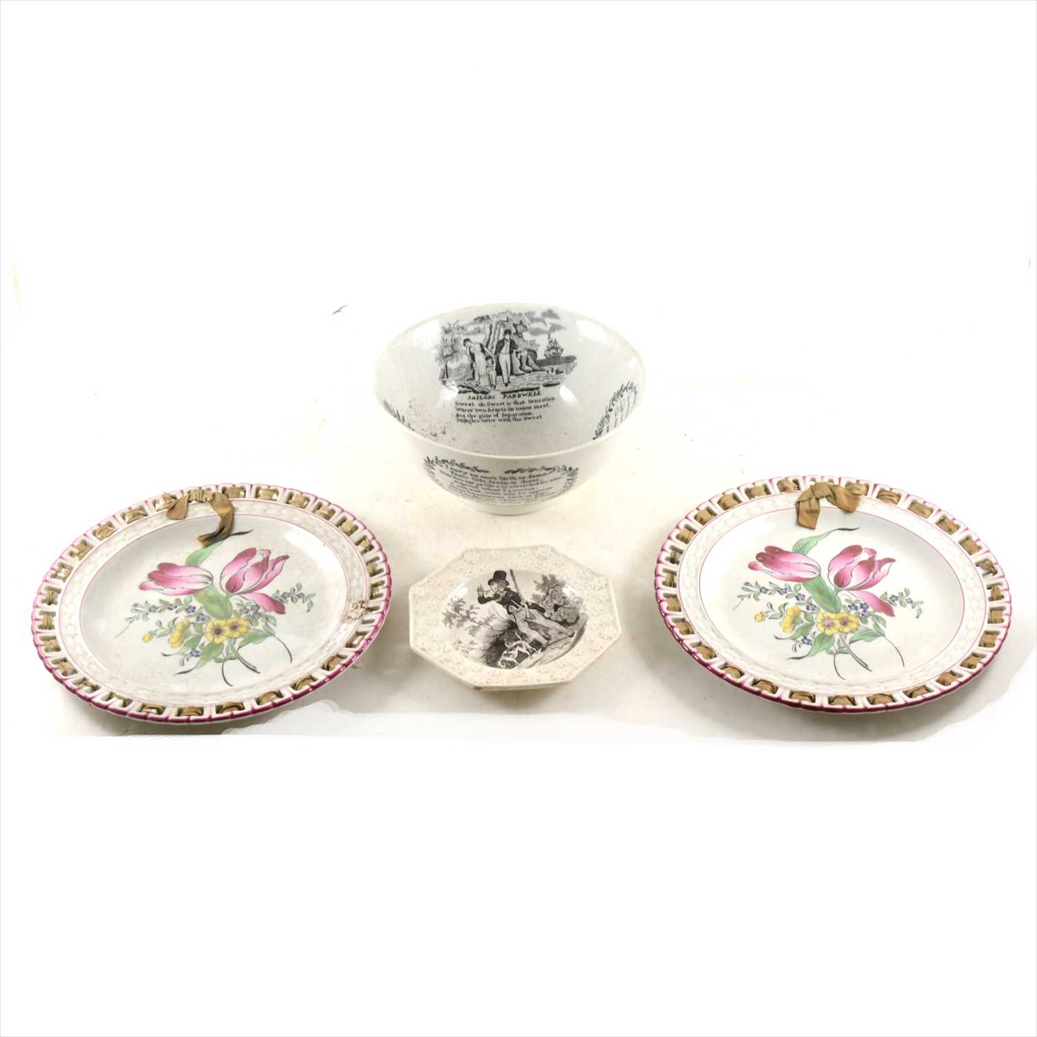 Lot 19 - A Staffordshire octagonal nursery plate, Sailor's Farewell basin, and two plates