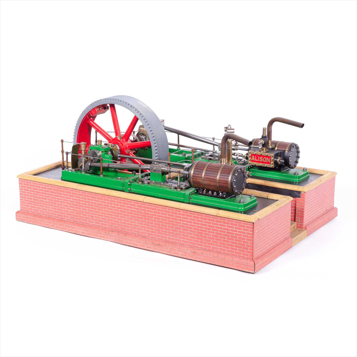 Lot 6 - A well-built horizontal stationary engine, twin cylinder piston, 9inch flywheel, named 'Amy' and 'Alison'.