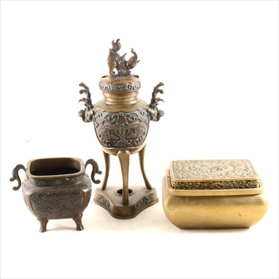 Lot 228 - A Chinese bronze tripod censer, cast decoration, a small bronze censer, and a brass cricket box