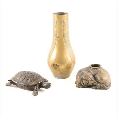 Lot 193 - A Chinese bronze vase, a bronze inkstand, and a bronze box designed as a turtle