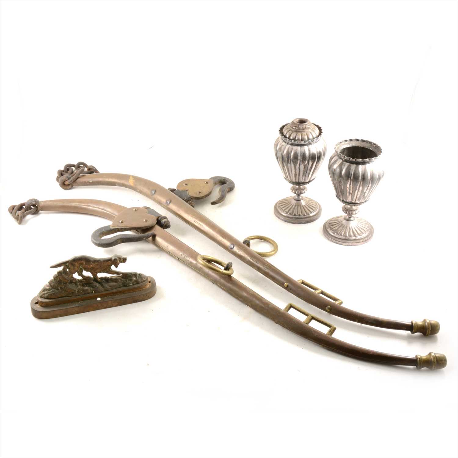 Lot 208 - Box of brassware including jam pan, stirrups, and horse hames