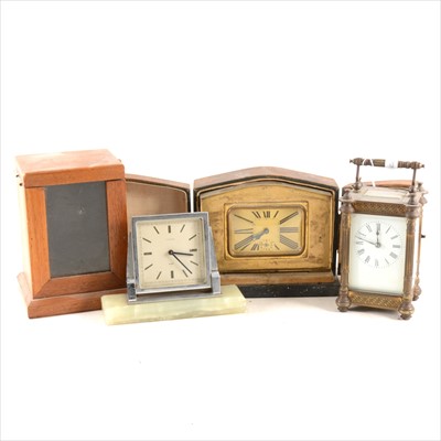 Lot 223 - A brass cased carriage clock, an Art Deco chromed desk clock by Crometa, etc