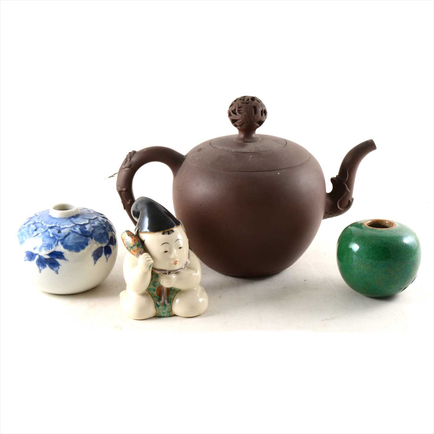Lot 4 - A Yongzheng type Redware teapot, two brush pots, and a Japanese figure