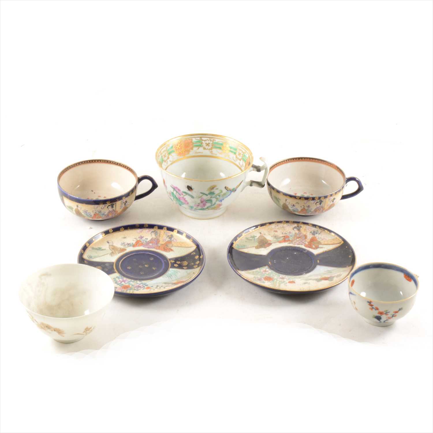 Lot 36 - Two Satsuma teacups and saucers, two Imari chargers, etc
