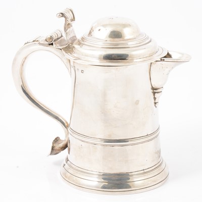 Lot 221 - George II silver lidded tankard jug, John Bayley, London 1752.