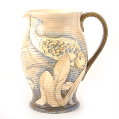 Lot 73 - William Moorcroft, a 'Fish' salt glazed jug, circa 1930