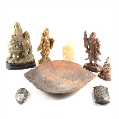 Lot 130 - A Chinese soapstone shallow dish, and a collection of soapstone figures.