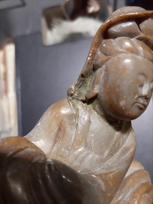 Lot 130 - A Chinese soapstone shallow dish, and a collection of soapstone figures.