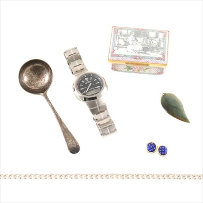 Lot 330 - A Halcyon Days enamel box, silver spoon, Casio wrist watch.