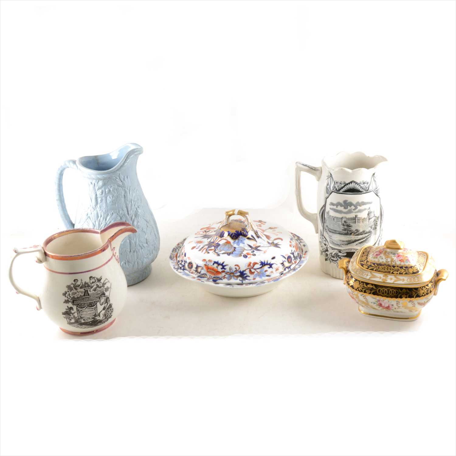 Lot 58 - Staffordshire blue stoneware Peace jug, Queen Charlotte jug, etc