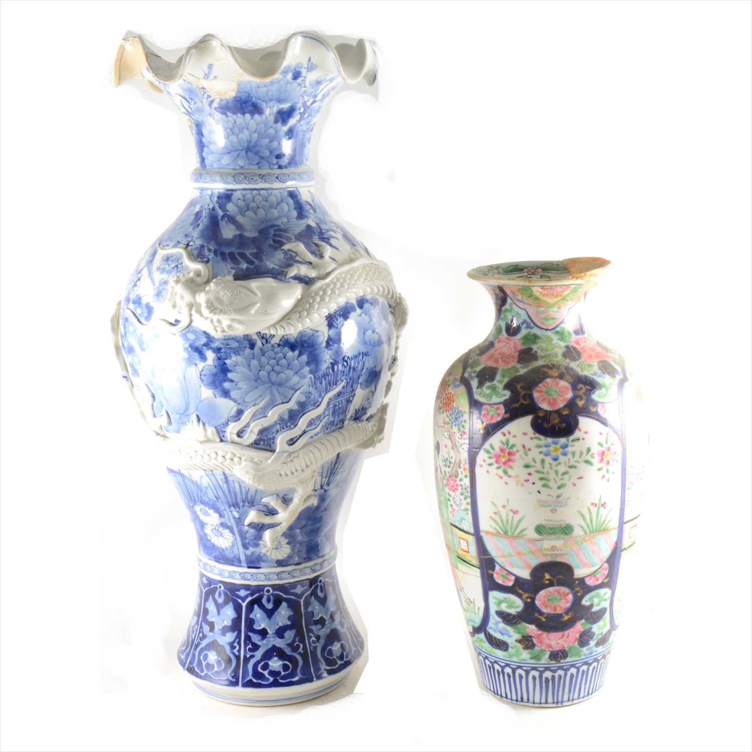 Lot 11 - A large Japanese blue and white vase; and a polychrome vase
