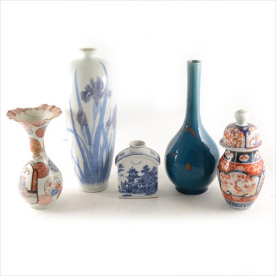 Lot 95 - A Japanese porcelain vase, decorated with irises, and other Oriental ceramics.