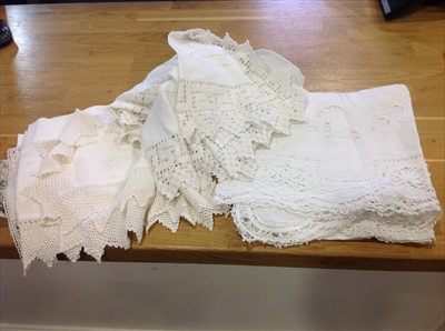 Lot 136 - Lace-edged table linen, other household linen, silk scarves and other textiles.