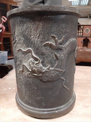 Lot 149 - A Japanese bronzed metal cylindrical log bin, a quantity of brass and metal locks, and other metalware.