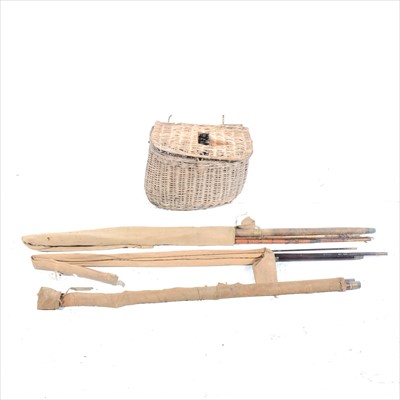Lot 176 - Fishing: wicker creel and contents, and assorted wooden sectional rods.
