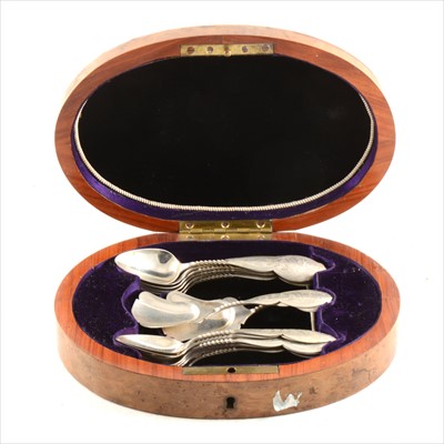 Lot 270 - A cased set of Dutch silver teaspoons and sugar scoops