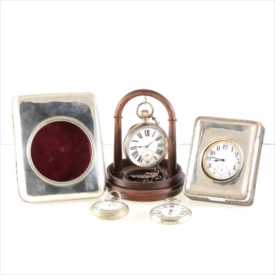 Lot 229 - Two silver faced pocket watch cases, large silver pocket watch on silver albert chain and fob; etc