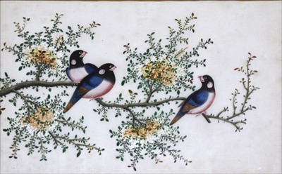 Lot 375 - Canton School, two figures, gouache on rice paper; another Chinese drawing, birds on a branch, etc