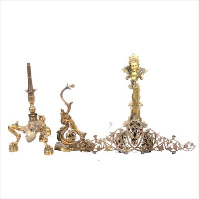 Lot 507 - A large brass andiron, adapted, with a Queen's head terminal, and other fireside furniture