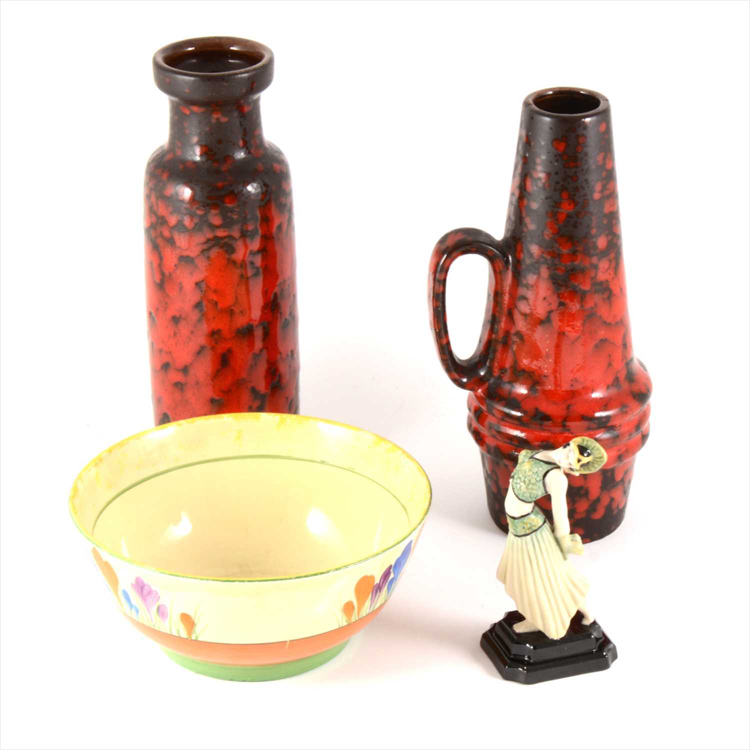 Lot 37 - A Clarice Cliff Crocus bowl, Peggy Davies Guild Issue figurine "Jade" 2001,  a German red glaze vase and jug, 23cm.