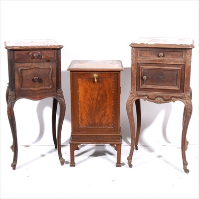 Lot 378 - Two similar French walnut and kingwood bedside cabinets, and a mahogany perdonium