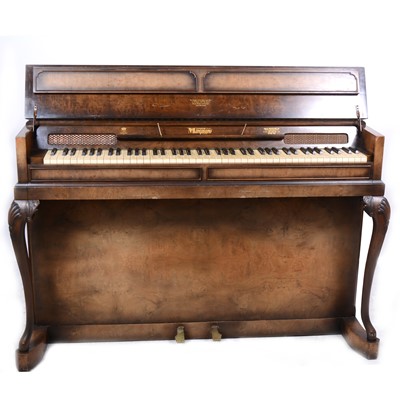 Lot 1593 - A figured walnut Evestaff pianette mini piano, and stool