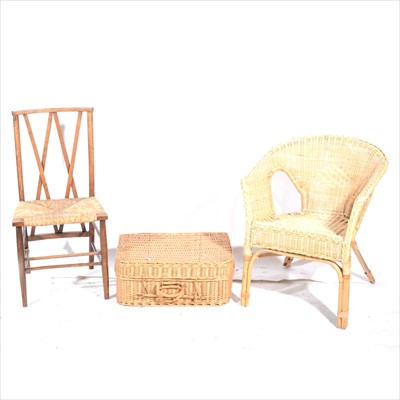 Lot 294 - A bamboo and woven cane conservatory chair, beech bedroom chair, and wicker baske