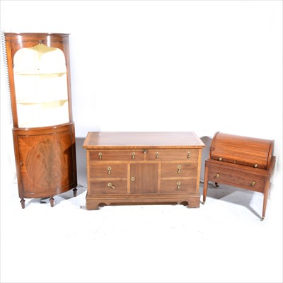 Lot 266 - A mahogany effect freestanding corner cupboard, tambour top drinks cabinet, and a blanket box.