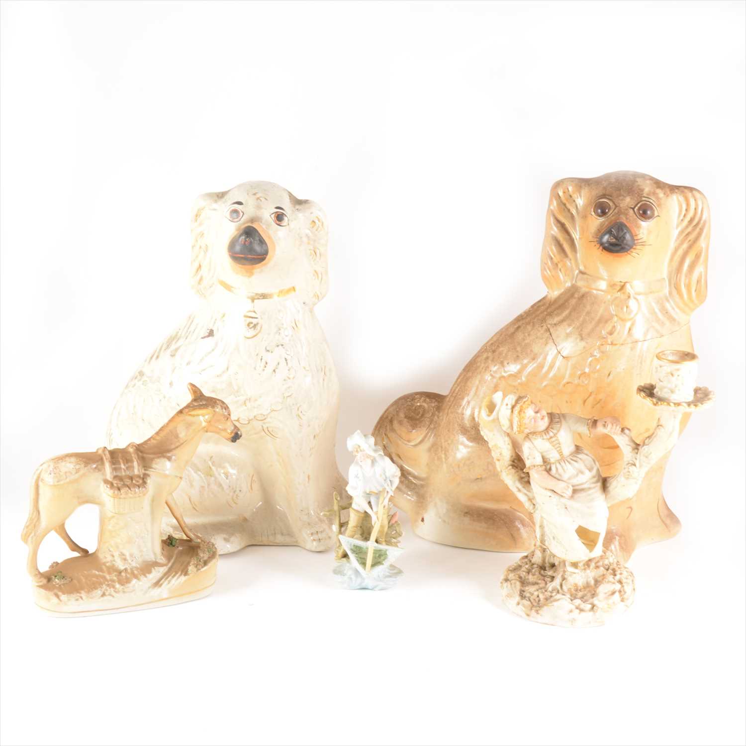 Lot 56 - Two boxes of Staffordshire King Charles spaniels and flatback figures