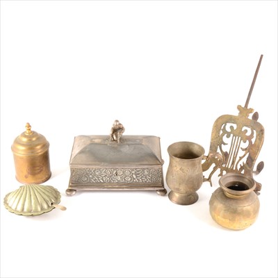 Lot 114 - Two boxes of metalware, silverplate and brass