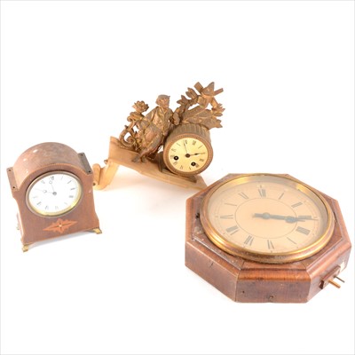 Lot 133 - Clock parts: a wall clock, inlay mantel clock and a French clock (broken), and two clock stands