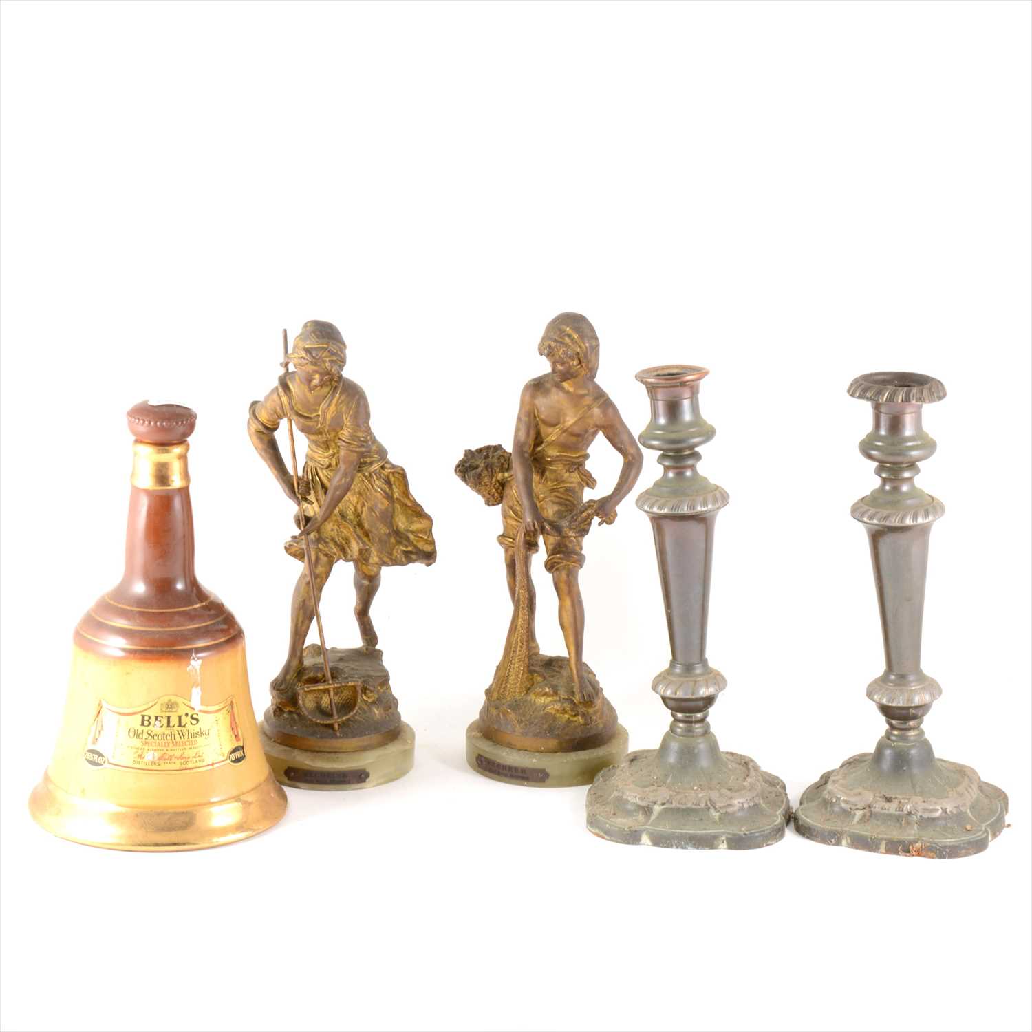 Lot 142 - After Auguste Moreau, Pecheur and Pecheuse, a pair of re-gilt spelter figures, etc