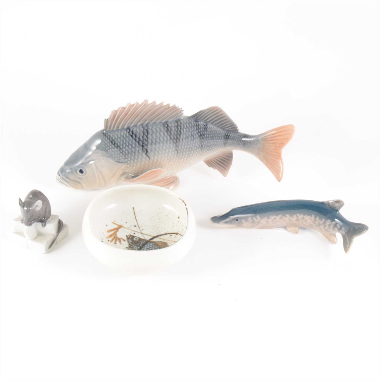 Lot 4 - Four items of Royal Copenhagen, including two model fish no.1138, a mouse, and a Aluminia dish