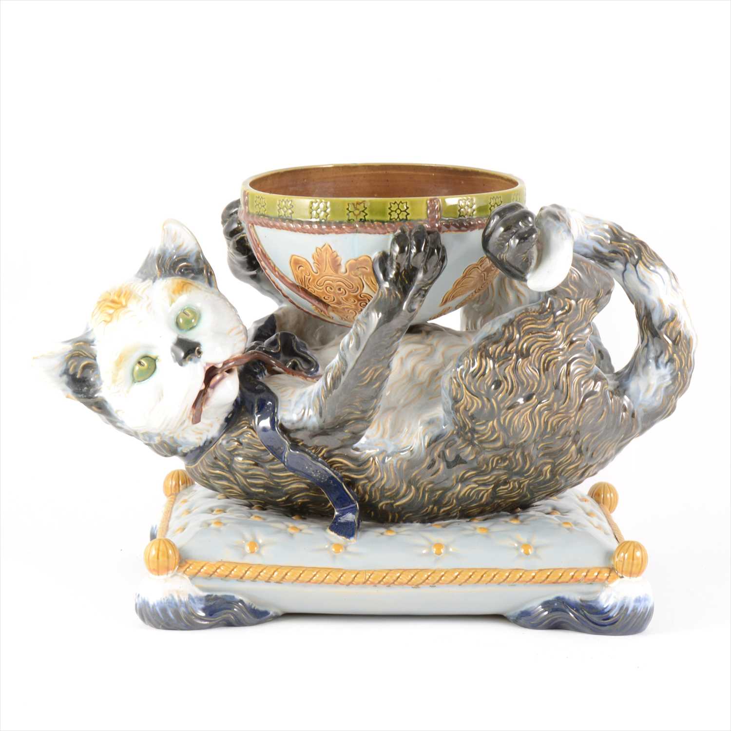 Lot 24 - A continental majolica bowl with reclining cat, by Gerbing & Stephan