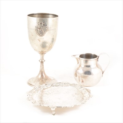 Lot 248 - A silver presentation goblet - Rowing interest - silver milk jug and white metal salver.