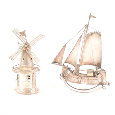 Lot 190 - A late 19th Century Dutch .833 standard miniature sailing boat, and novelty windmill