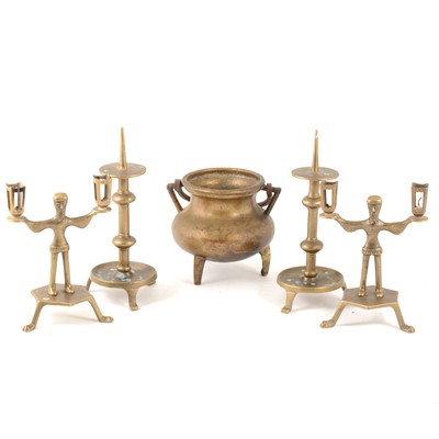 Lot 163 - Three pairs of Gothic style cast brass candlestands, etc.