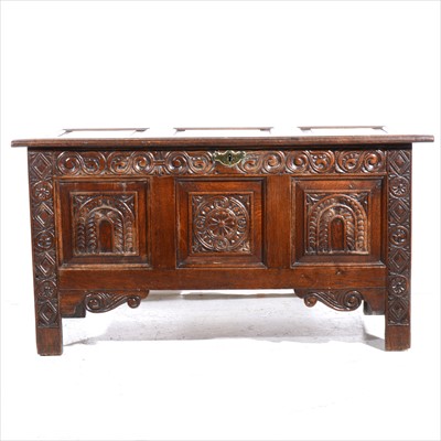 Lot 423 - Joined and carved oak coffer