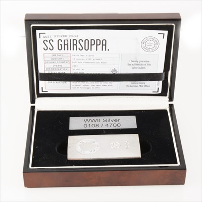 Lot 179 - SS Gairsoppa WWII commemorative silver 10oz  50 dollar ingot, cased, limited edition 0108/4700.