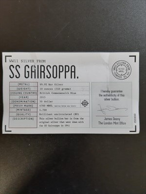 Lot 179 - SS Gairsoppa WWII commemorative silver 10oz  50 dollar ingot, cased, limited edition 0108/4700.